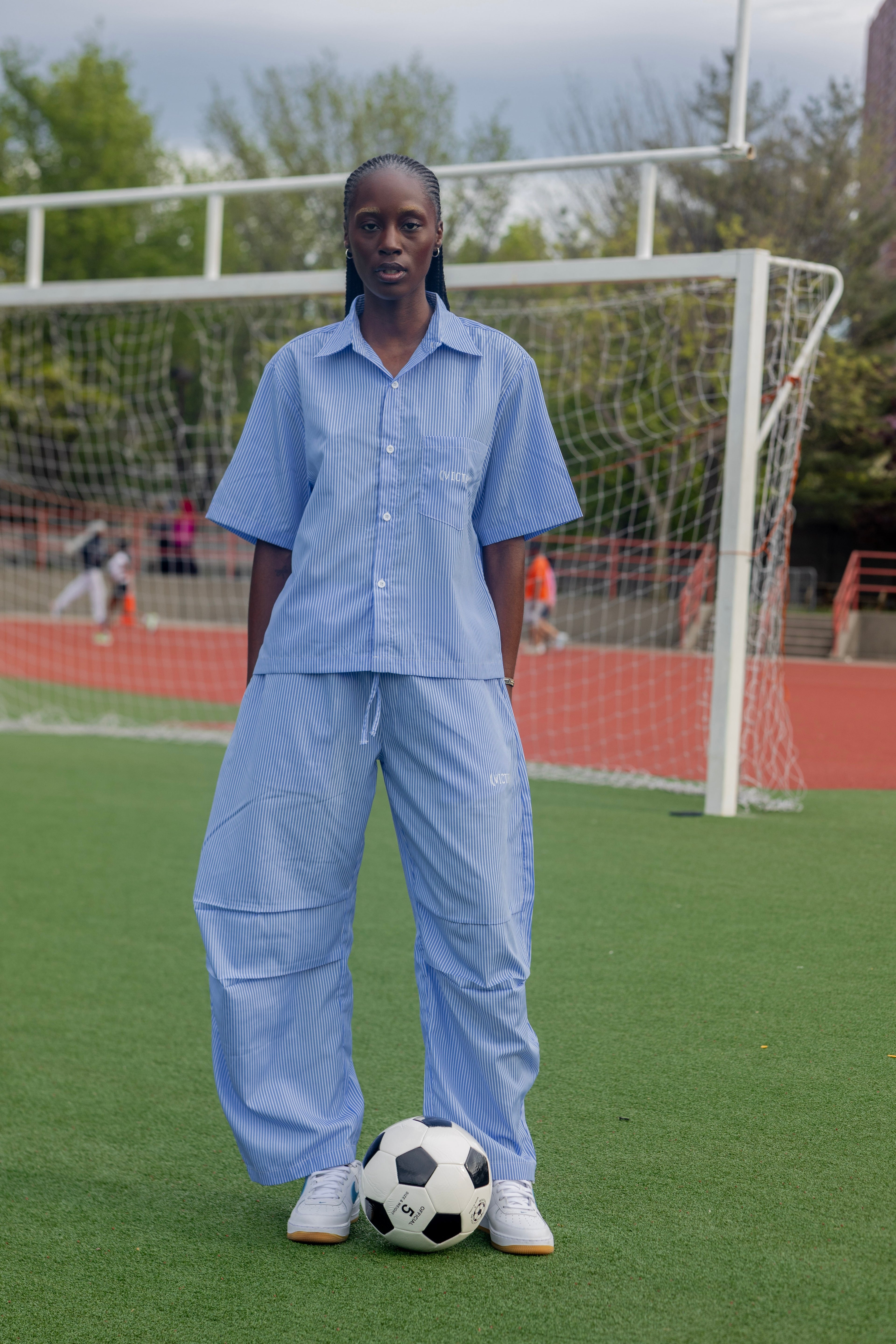 Vertical Stripe Drawstring Barrel Pants
